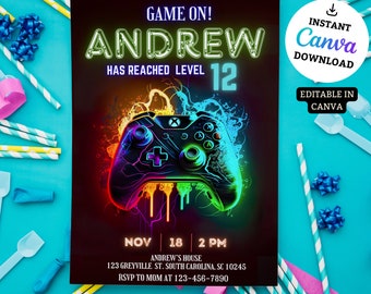 Video Game Birthday Invitation Template, Video Game Invitation, Neon Glow, Kid Invite, Boy Game Party, Boy Gamer Invitation, Editable Canva