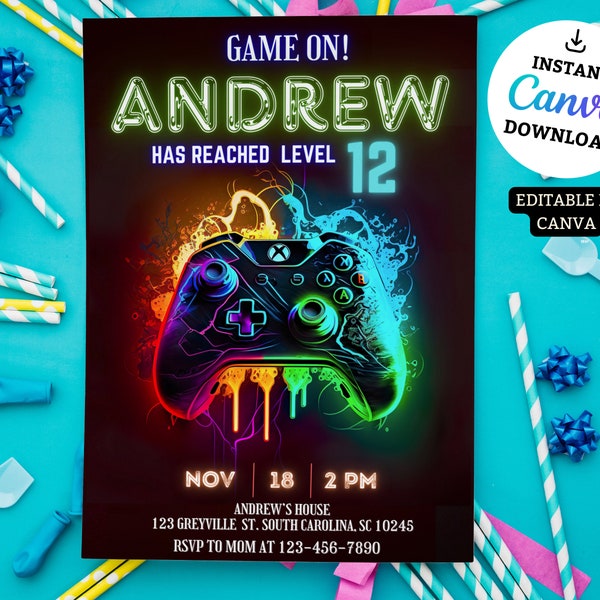 Video Game Birthday Invitation Template, Video Game Invitation, Neon Glow, Kid Invite, Boy Game Party, Boy Gamer Invitation, Editable Canva