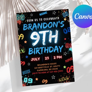 May include: A black birthday invitation with colorful paint splatters and stars. The text reads "Join us to celebrate Brandon's 9th Birthday" with the number 9 in neon blue. The date is July 23rd at 2 PM. The invitation includes the address and RSVP information.