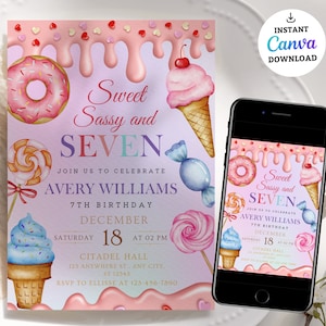 Candy SWEET SASSY and SEVEN girl birthday invitation, birthday invite, cotton candy sweets donut ice cream cupcake, Ice Cream Invitation