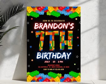 May include: A black birthday invitation with colorful block graphics. The text reads "Join us to celebrate Brandon's 7th Birthday" with date, time, and location details. Star and block accents frame the design.