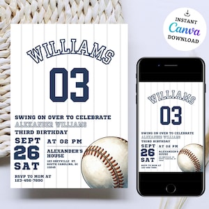 Editable Baseball Birthday Invitation, Baseball Invites, Instant Download Baseball Invitations, Digital File, navy blue red boy party invite