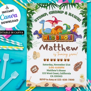 Editable Dinosaur Birthday Party Invitation Template, Dinosaur Birthday Invite, Dinosaur Party Invitation Template, Editable Invitation