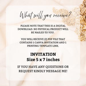 May include: A digital invitation with the text "What will you receive?" and "Invitation Size 5 x 7 inches." The invitation is a digital download and includes a Canva invitation and a printing template link.