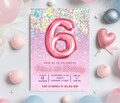Editable Pink 6th Birthday Invitation Template Glitter Birthday Party Invite Rainbow Foil Girl Sixth Birthday Instant Download Digital