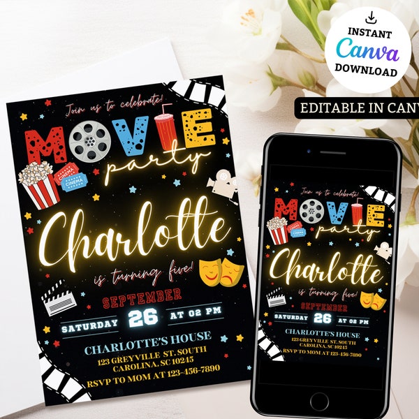 Editable Movie Birthday Invitation, Printable Birthday Party Invitations, Digital Kids Party Invite with CANVA, Movie Invite Editable Canva