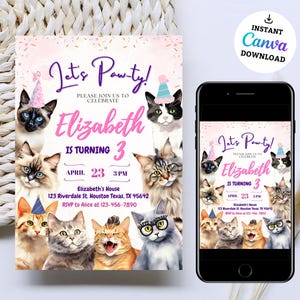 Cat Birthday Invitation, Cat Theme Birthday Invitation, Are You Kitten Me Birthday, Paw-ty Birthday Invite, Rainbow, Invitation Template