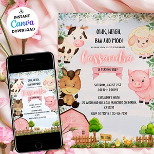 Editable Farm Birthday Invitation, Barnyard Birthday Invite, Farm Animals First Birthday Party, Boy Girl Red Barnyard Animals Invitation