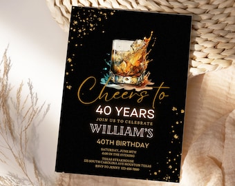 Whiskey Birthday Invitation for Men, Editable Black Gold Canva Template, 30th 40th 50th Any Age Scotch Bourbon Party Invite, Printable