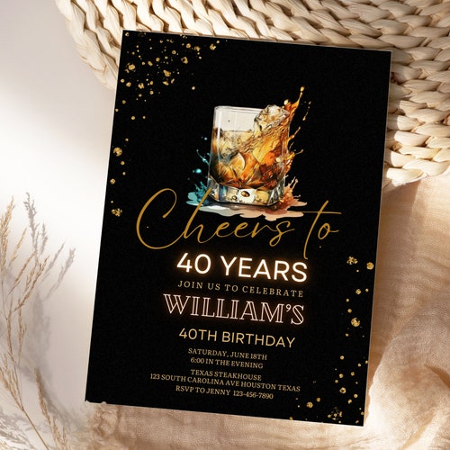 Whiskey Birthday Invitation for Men, Editable Black Gold Canva Template, 30th 40th 50th Any Age Scotch Bourbon Party Invite, Printable
