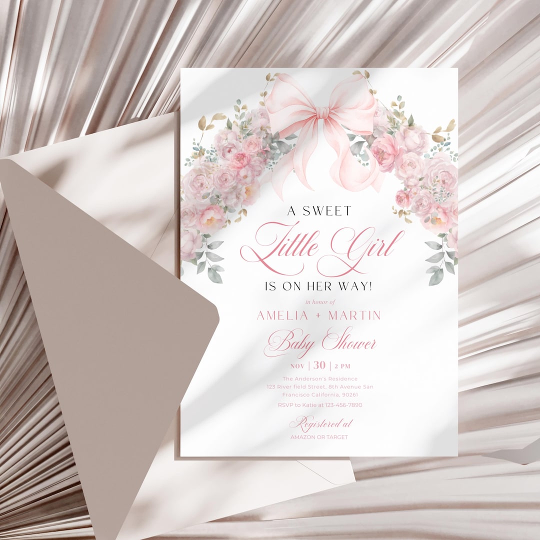 Blush Pink Bow Baby Shower Invitation Template Baby Girl Shower Canva ...