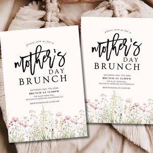 May include: White invitation with black text for a Mother's Day brunch. The invitation features a floral border with pink flowers and green leaves. The text reads "Please join us for a Mother's Day Brunch" with the date, time, location, and RSVP information.