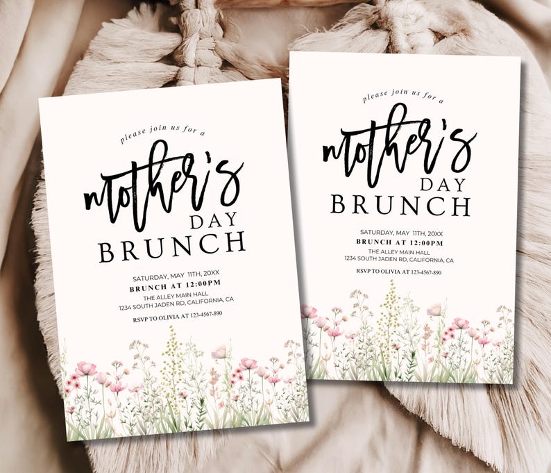 May include: White invitation with black text for a Mother's Day brunch. The invitation features a floral border with pink flowers and green leaves. The text reads "Please join us for a Mother's Day Brunch" with the date, time, location, and RSVP information.
