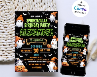 May include: A Halloween-themed birthday party invitation with a black background, featuring ghosts, pumpkins, and the text "Spooktacular Birthday Party". The invitation includes the name "Alexander", date, time, and location.