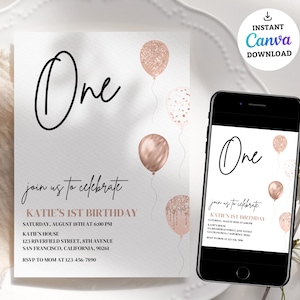 Minimal 1. Geburtstag einladen Mädchen Bearbeitbar Blush Luftballons Mädchen Erster Geburtstag Einladungsvorlage Rose Gold 1. Geburtstagseinladung