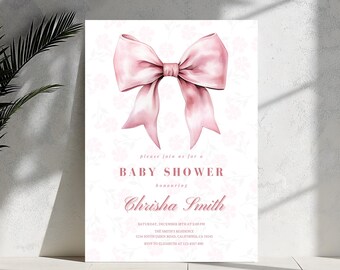 Pink Bow Baby Shower Invitation: Elegant Blush Design (Canva Editable)