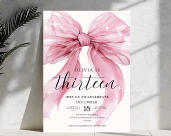 13th birthday invitation girl Pink Coquette Invite 13 year old girl Birthday Girl thirteenth Pink Bow Birthday Teen Birthday Party Coquette