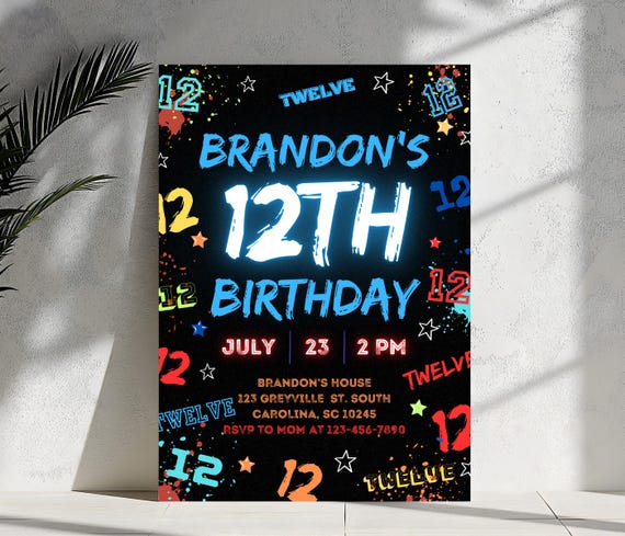 Boy Birthday Invitation, 12Th Boy Birthday Invitation, Boy Birthday Invites, Instant Download Boy Number Invitations, Boy 12Th Birthday