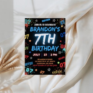 May include: A black birthday invitation with neon blue text that reads "Brandon's 7th Birthday." The invitation includes the date, time, and location. Colorful paint splatters and star accents surround the text.