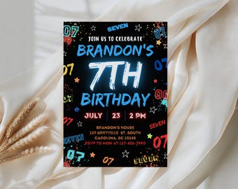7th Birthday Invitation for Boy, Editable Neon Paint Splatter Party Invite Canva, Printable Seventh Birthday Template, Digital Download