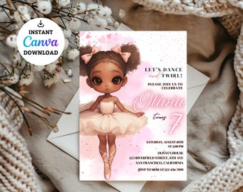 Invitación de cumpleaños de bailarina Invitación de cumpleaños de niña bailarina de ballet moderna Tutu Linda bailarina Fiesta de cumpleaños editable con temática de ballet