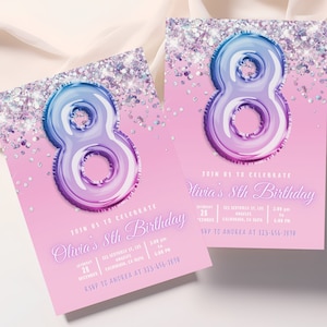 Bearbeitbare Rosa 8. Geburtstagseinladung Glitter-Geburtstagsfeier einladen Regenbogen Folie Mädchen Achter Geburtstag Sofort-Download Digital Lila Evite
