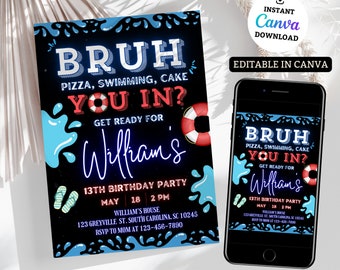 Bruh Birthday Invitation, Boy Pool Birthday Party Invitation, Bruh It's My Birthday Invite, Teenager Birthday, Editable Canva Template