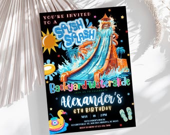 Edytowalne zaproszenie na urodziny z wodną zjeżdżalnią - Letnia impreza przy basenie - Splash Birthday Evite - Water Slide Bash Nowoczesny szablon Canva dla chłopca i dziewczynki
