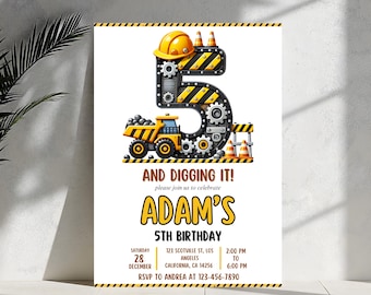 Construction Birthday Invitation: Dump Trucks, Excavator Party (Digital Download, 5x7 in)