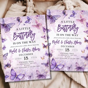 May include: Two baby shower invitations with a purple butterfly theme. The invitations feature the text "A Little Butterfly Is On The Way" and include details for Rachel & Charles Adams' baby shower on December 18th.