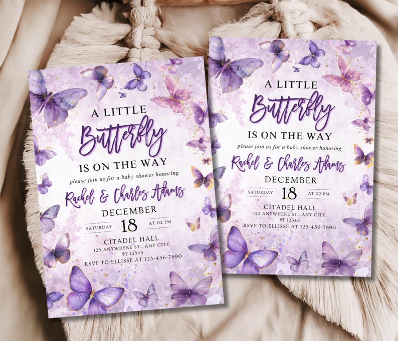 May include: Two baby shower invitations with a purple butterfly theme. The invitations feature the text "A Little Butterfly Is On The Way" and include details for Rachel & Charles Adams' baby shower on December 18th.