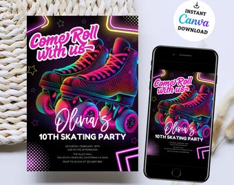 Skate Party Invitation, Neon Roller Skate Birthday Party, Editable Roller Skates Birthday Invitation, Glow Roller Skating Party Invite, Neon