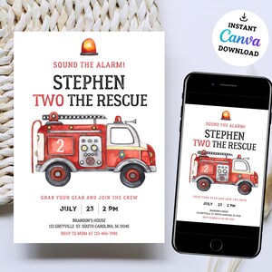 Fire Rescue Invitations Editable Firetruck Invitation, TWO the Rescue, Fire Truck Birthday ...