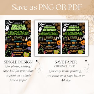 May include: A Halloween birthday party invitation featuring the text "Spooktacular Birthday Party" and "Alexander". The design includes Halloween imagery such as ghosts, pumpkins, and bats. Available in single design and save paper options, with A4 size.