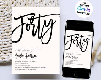 40th Invitation for Men Template, Simple 40th Birthday Invitations, Black and White 40th Invitations, Forty Invitation, Editable Template