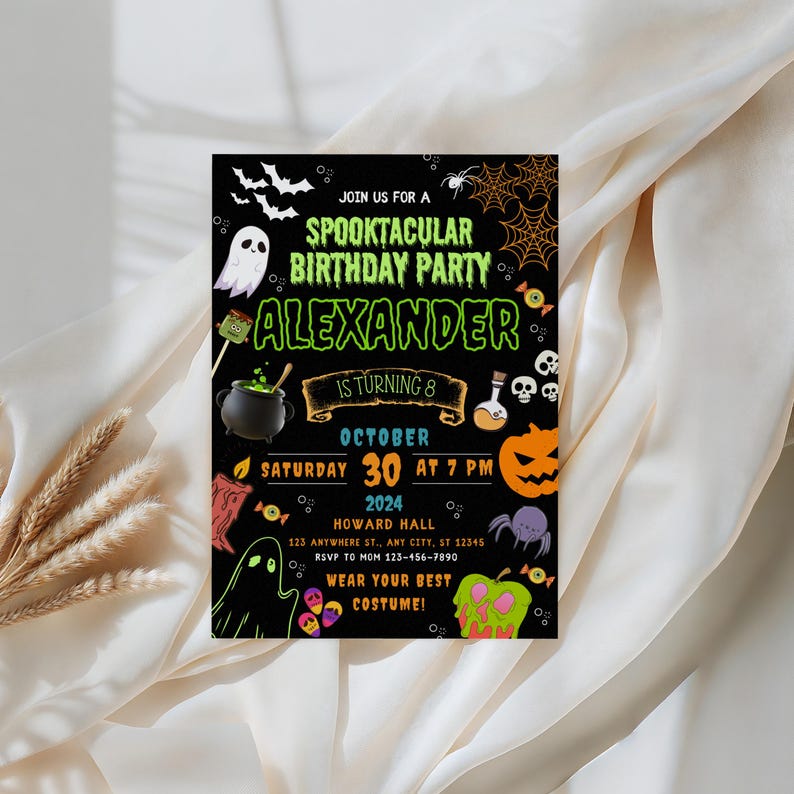May include: A Halloween-themed birthday party invitation with a black background. The invitation features the text "Spooktacular Birthday Party" and "Alexander is turning 8". It includes Halloween graphics like bats, ghosts, pumpkins, and spiders. The date is October 30, 2024.