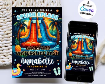 Edytowalne zaproszenie na urodziny z wodną zjeżdżalnią - Letnia impreza przy basenie - Splash Birthday Evite - Water Slide Bash Nowoczesny szablon Canva dla chłopca i dziewczynki