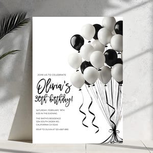 Schwarz Weiss Ballon 30. Geburtstagseinladung (Digitaler Download)