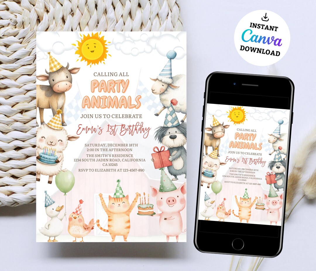Editable Farm Animals Birthday Invitation | Barnyard 1st Birthday Party ...