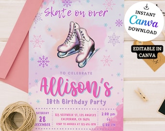 Ice Skating Birthday Invitation, EDITABLE Winter Skate Party Invite Template, Pastel Snowflake, Kid Outdoor Ice Rink, Instant Download