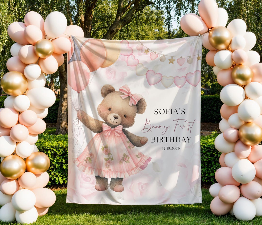 Beary First Birthday Banner Pink 1st Birthday Party Decor Backdrop for ...