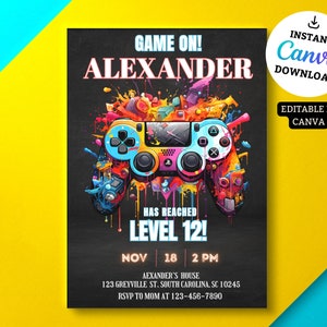 Video Game Birthday Invitation Template, Video Game Invitation, Neon Glow, Kid Invite, Boy Game Party, Boy Gamer Invitation, Editable Canva