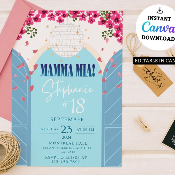 Mamma Mia, Grecia, Plantilla de invitación digital para fiestas, Invitación móvil, Invitaciones telefónicas de invitación electrónica, imprimible, Invitación por mensaje de texto