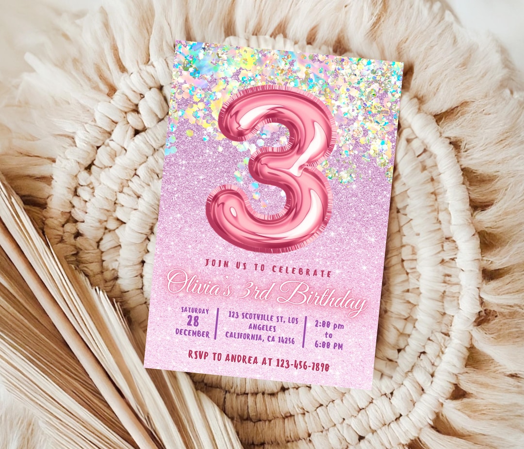 Editable Pink 3rd Birthday Invitation Template Glitter Birthday Party ...