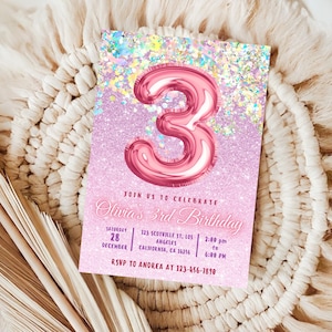 Puede incluir: Invitación de cumpleaños de brillo rosa con un gran globo rosa número 3. La invitación dice "Únete a nosotros para celebrar el 3er cumpleaños de Olivia" e incluye la fecha, la hora y la ubicación de la fiesta. RSVP a Andrea al 123-456-1898.