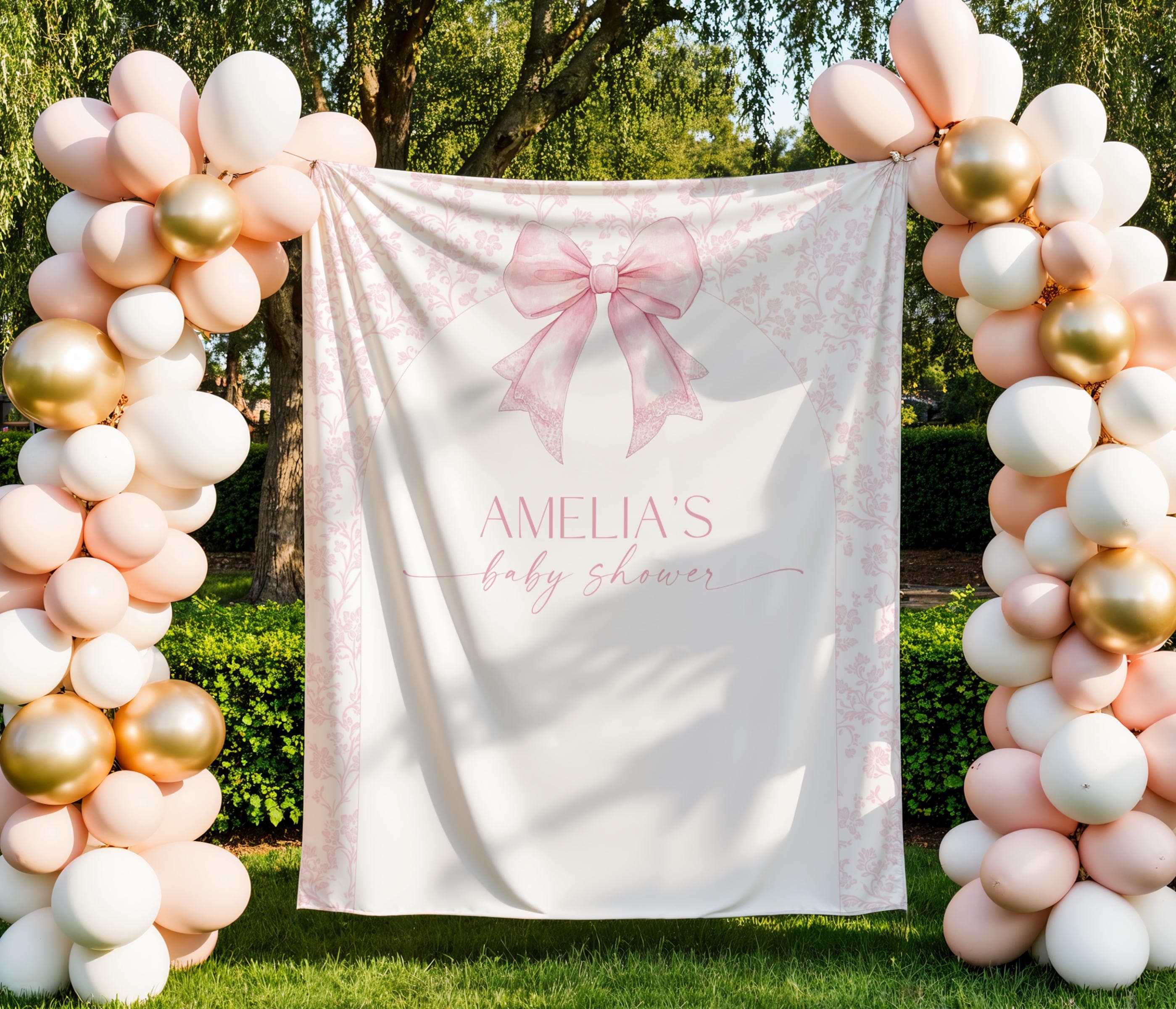 Pink Bow Floral Baby Shower Backdrop Sign Template, Elegant Bow Baby ...