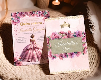Zaproszenie na quinceañera w kolorze różu i złota, szablon z motywem motyla (do pobrania w wersji cyfrowej)