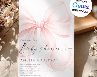 Blozen roze strik babyshower uitnodiging sjabloon babymeisje douche Canva sjabloon elegante roze coquette babyshower uitnodiging direct downloaden