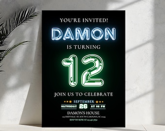 Neon Light Brick Wall Boy Birthday Invitation, Neon Glow, Kid Invite, Teenager Boy Birthday Invite, Instant Download Editable Canva Template
