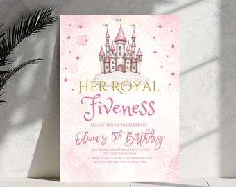 Her Royal Fiveness Princess Birthday Invite Editable Princess 5th Birthday Canva Invitation Girls Princess Invites Crown Castle Template
